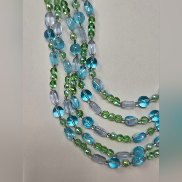 VINTAGE GIVENCHY FIVE STRAND BLUE GREEN GLASS BEAD NECKLACE SIGNED WOMEN JEWELRY - Picture 3 of 12